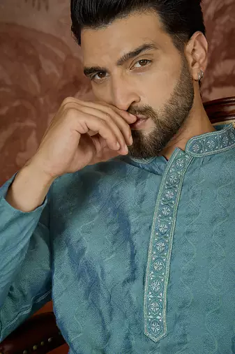 Mens teal jacquard solid embroidered kurta