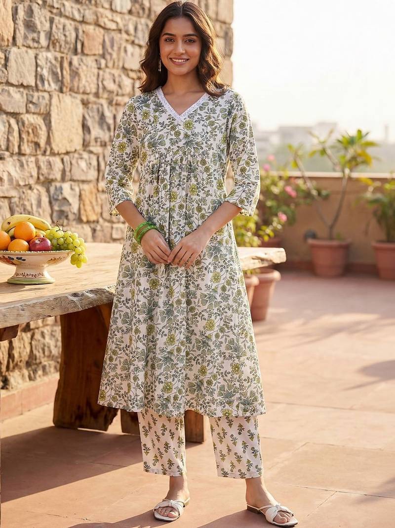 Women Floral Printed Empire Pure Cotton Kurta with Trousers & With Dupatta