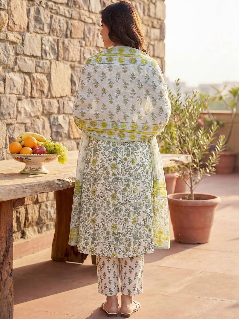 Women Floral Printed Empire Pure Cotton Kurta with Trousers & With Dupatta