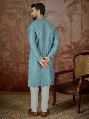 Mens teal jacquard solid embroidered kurta 4