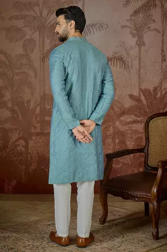 Mens teal jacquard solid embroidered kurta