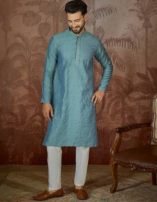 Mens teal jacquard solid embroidered kurta 5