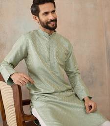 Mens teal jacquard ethnic motifs embroidered kurta