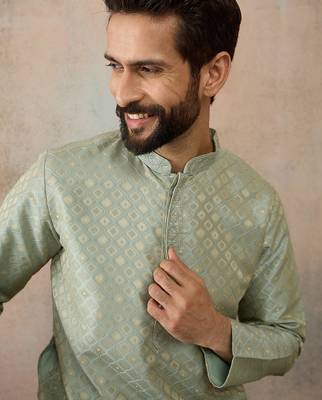 Mens teal jacquard ethnic motifs embroidered kurta 2