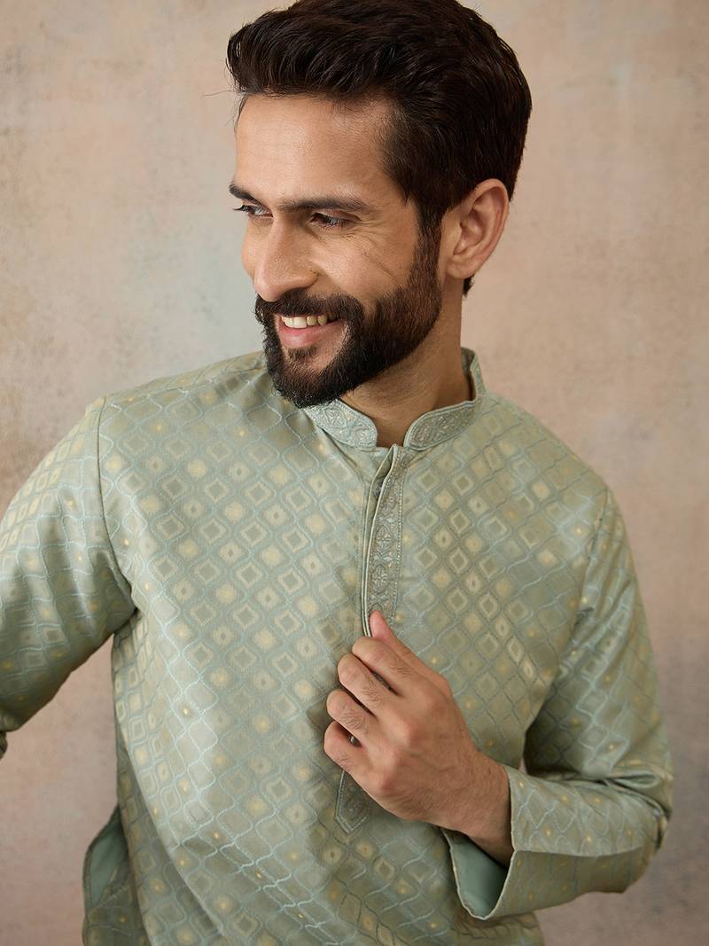 Mens teal jacquard ethnic motifs embroidered kurta