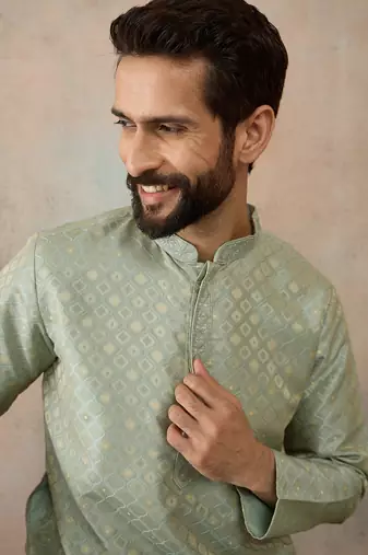 Mens teal jacquard ethnic motifs embroidered kurta