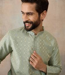 Mens teal jacquard ethnic motifs embroidered kurta