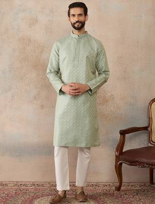Mens teal jacquard ethnic motifs embroidered kurta 1