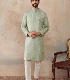 Mens teal jacquard ethnic motifs embroidered kurta