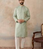 Mens teal jacquard ethnic motifs embroidered kurta