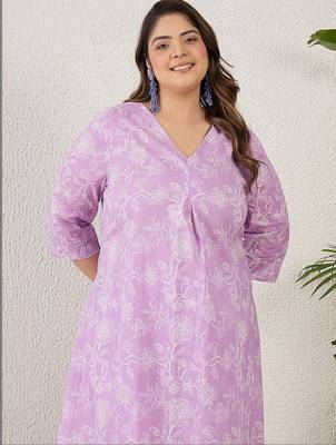 Plus Size Lavender Printed A-Line Kurta Trousers Set 1