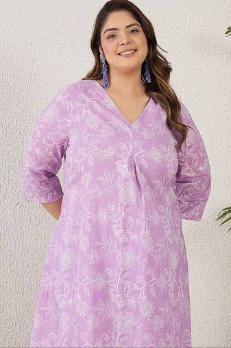 Plus Size Lavender Printed A-Line Kurta Trousers Set