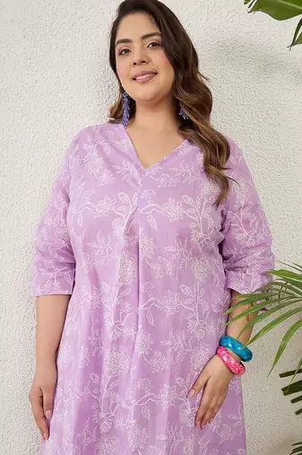 Plus Size Lavender Printed A-Line Kurta Trousers Set