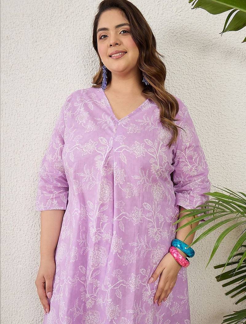 Plus Size Lavender Printed A-Line Kurta Trousers Set