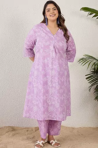 Plus Size Lavender Printed A-Line Kurta Trousers Set