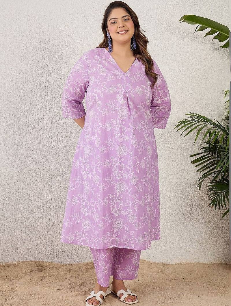 Plus Size Lavender Printed A-Line Kurta Trousers Set