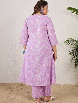 Plus Size Lavender Printed A-Line Kurta Trousers Set 5