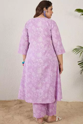 Plus Size Lavender Printed A-Line Kurta Trousers Set