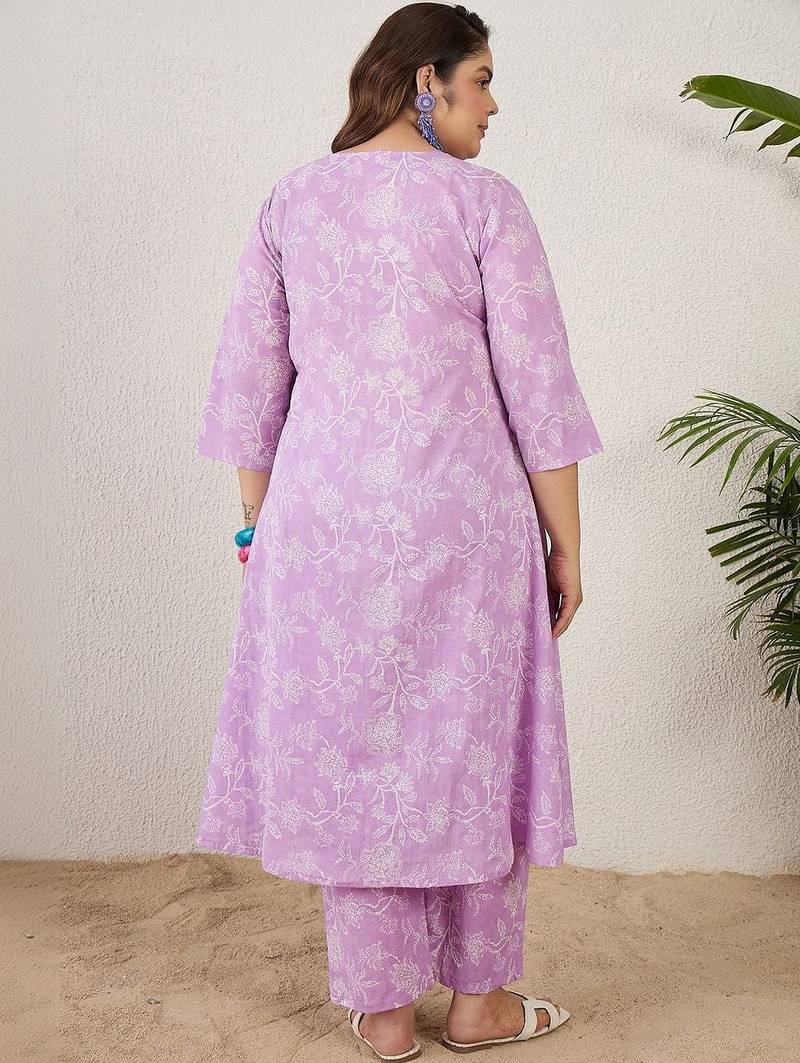 Plus Size Lavender Printed A-Line Kurta Trousers Set