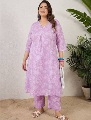Plus Size Lavender Printed A-Line Kurta Trousers Set 6