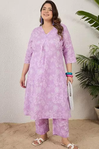 Plus Size Lavender Printed A-Line Kurta Trousers Set