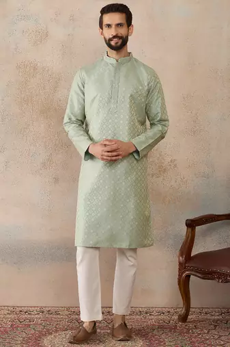 Mens teal jacquard ethnic motifs embroidered kurta