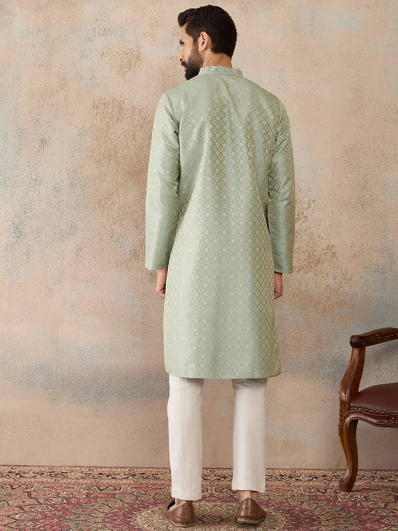 Mens teal jacquard ethnic motifs embroidered kurta