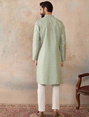 Mens teal jacquard ethnic motifs embroidered kurta 4