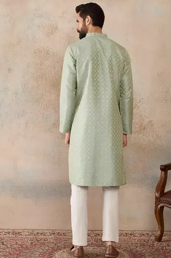 Mens teal jacquard ethnic motifs embroidered kurta