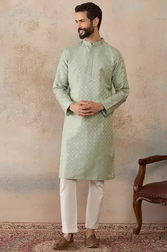 Mens teal jacquard ethnic motifs embroidered kurta