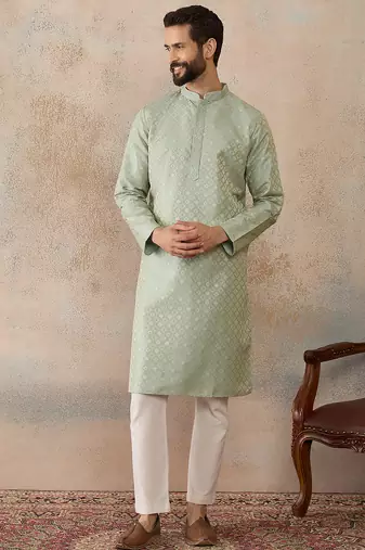 Mens teal jacquard ethnic motifs embroidered kurta