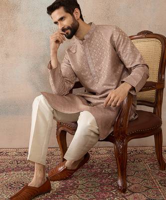 Mens taupe jacquard ethnic motifs embroidered kurta 1