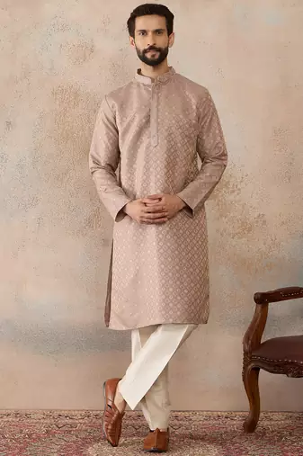 Mens taupe jacquard ethnic motifs embroidered kurta