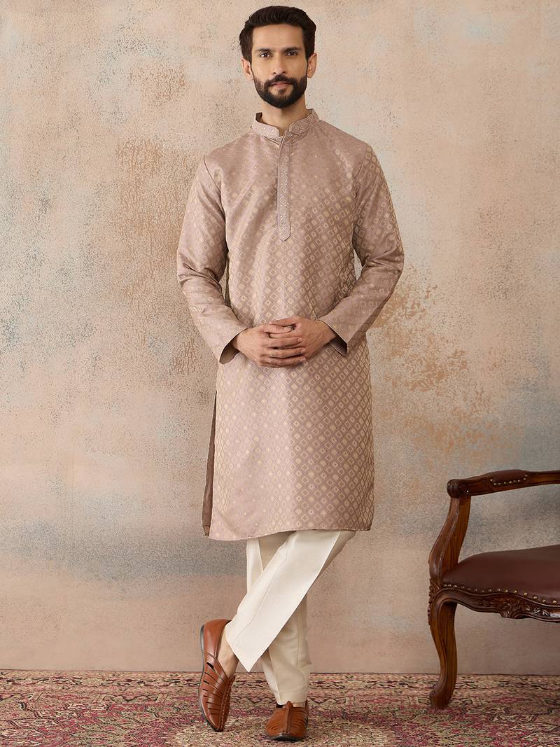 Mens taupe jacquard ethnic motifs embroidered kurta