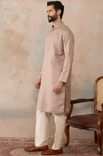 Mens taupe jacquard ethnic motifs embroidered kurta