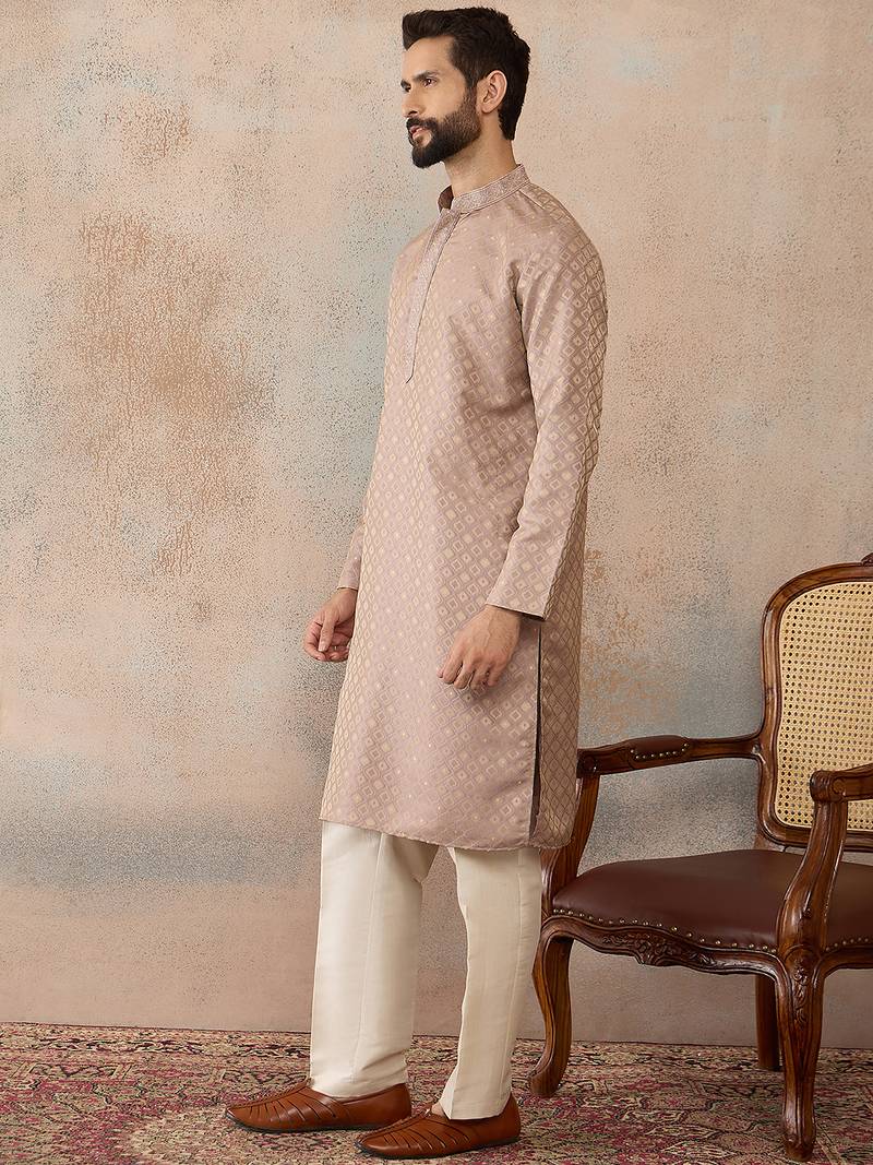 Mens taupe jacquard ethnic motifs embroidered kurta
