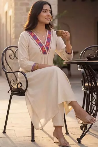 Women Embroidered Regular Thread Work Liva Kurta with Trousers