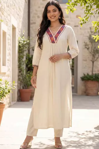 Women Embroidered Regular Thread Work Liva Kurta with Trousers