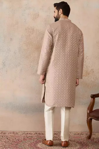 Mens taupe jacquard ethnic motifs embroidered kurta