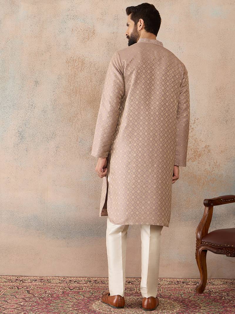 Mens taupe jacquard ethnic motifs embroidered kurta
