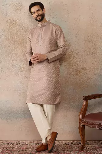 Mens taupe jacquard ethnic motifs embroidered kurta