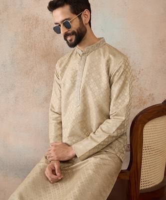 Mens olive jacquard ethnic motifs embroidered kurta 1