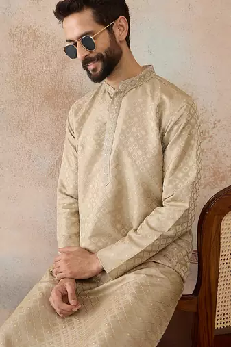 Mens olive jacquard ethnic motifs embroidered kurta