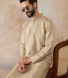 Mens olive jacquard ethnic motifs embroidered kurta