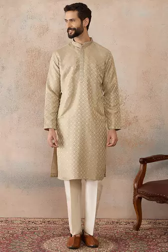 Mens olive jacquard ethnic motifs embroidered kurta