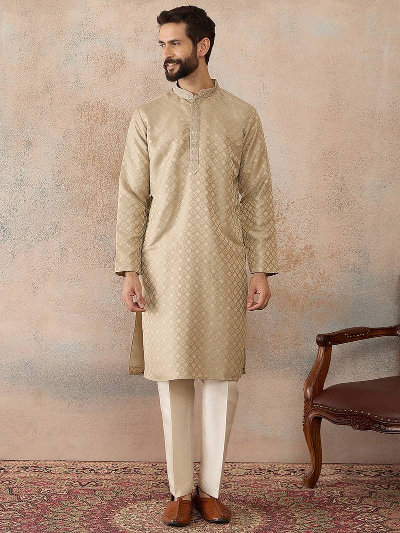 Mens olive jacquard ethnic motifs embroidered kurta