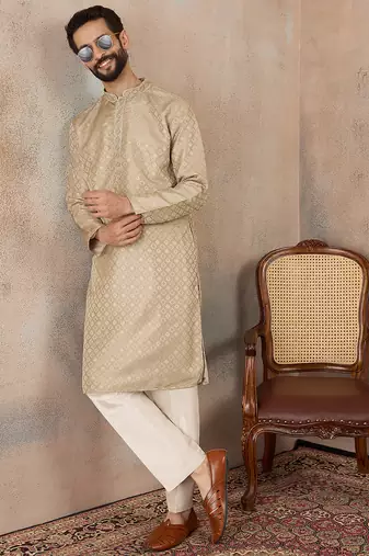 Mens olive jacquard ethnic motifs embroidered kurta