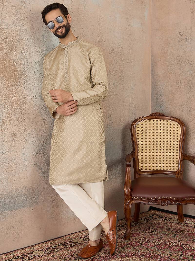 Mens olive jacquard ethnic motifs embroidered kurta