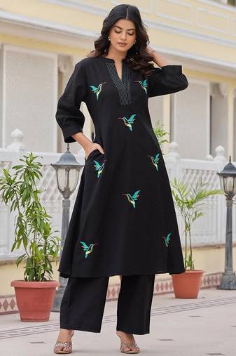Women Animal Embroidered Regular Thread Work Pure Cotton Kurta with Palazzos