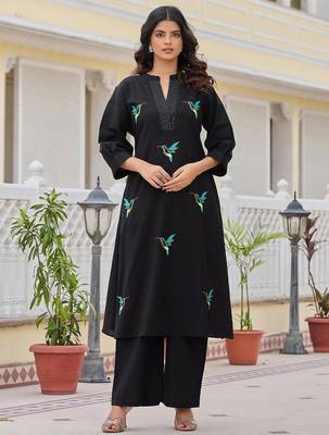 Women Animal Embroidered Regular Thread Work Pure Cotton Kurta with Palazzos 2